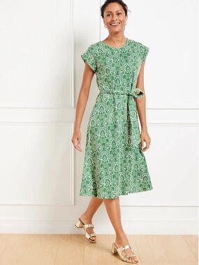 TALBOTS FIT AND FLARE WOODLAND DAMASK GREEN COTTON BELTED MIDI DRESS